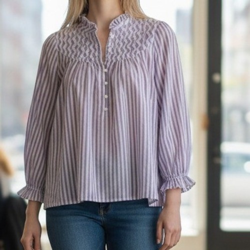 Talbots Blouse Petite LP Purple Striped Brand New Smocked Ruffle Neck Top